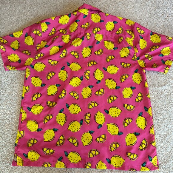 Uzzi Pink with Yellow Lemons Hawaiian Short-sleeve Shirt Top Medium - Picture 6 of 10
